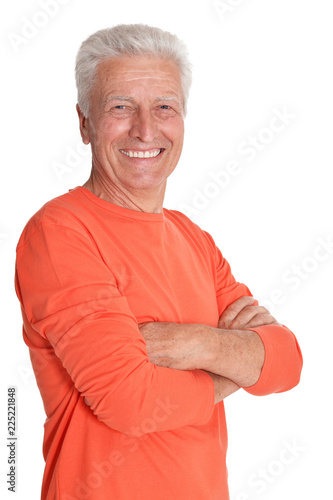 Portrait of happy senior man on white background