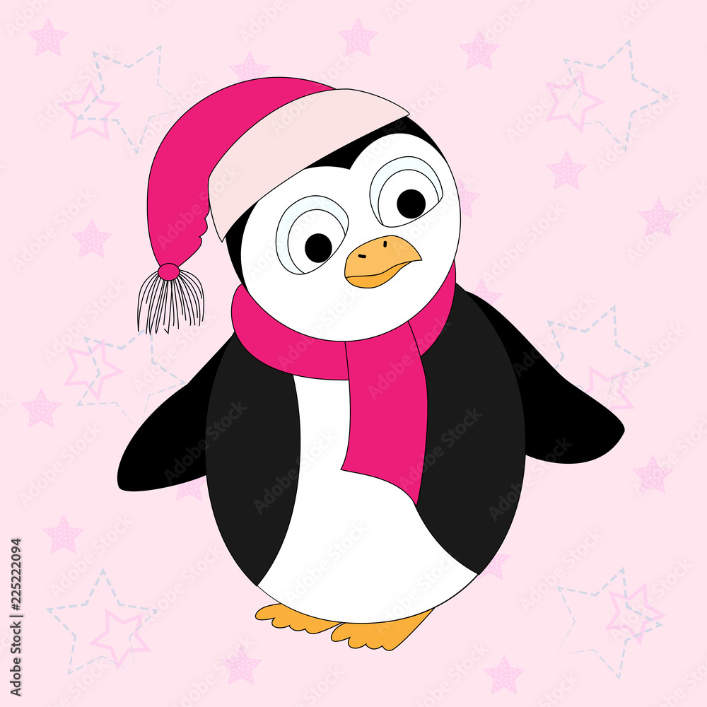 Vector illustration of a cartoon penguin in a scarf and hat. Cartoon print. T-shirt graphics for kids.