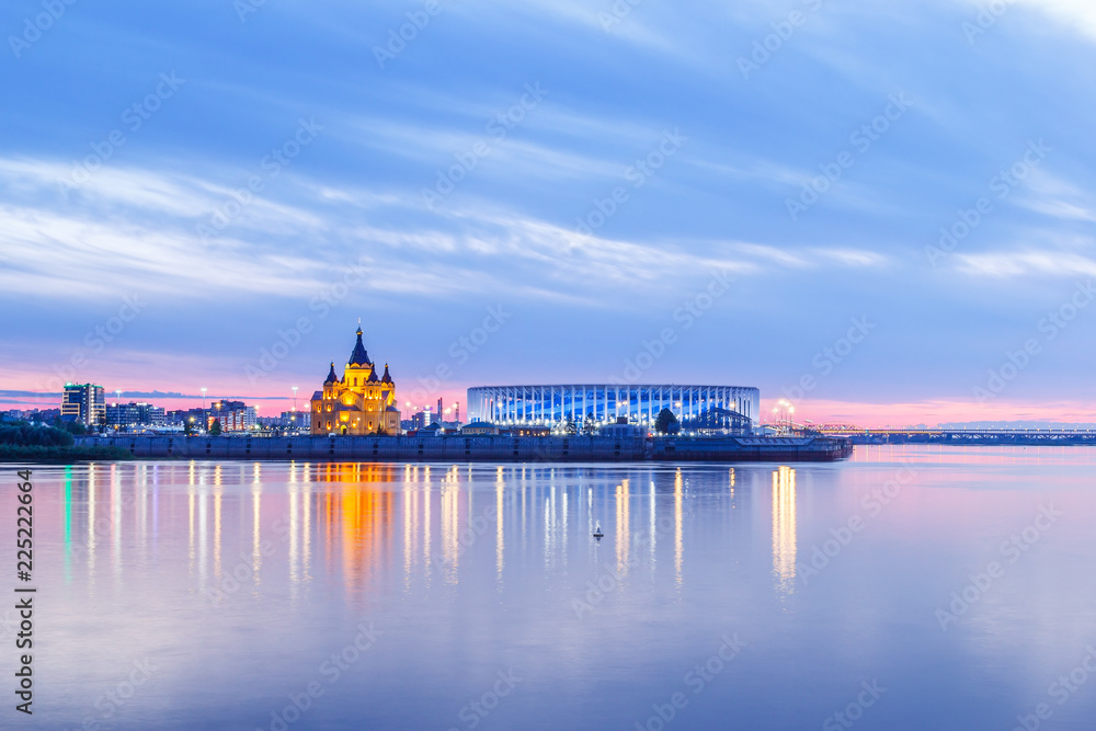Naklejka premium Cathedral and stadium on the Nizhny Novgorod arrow with reflection