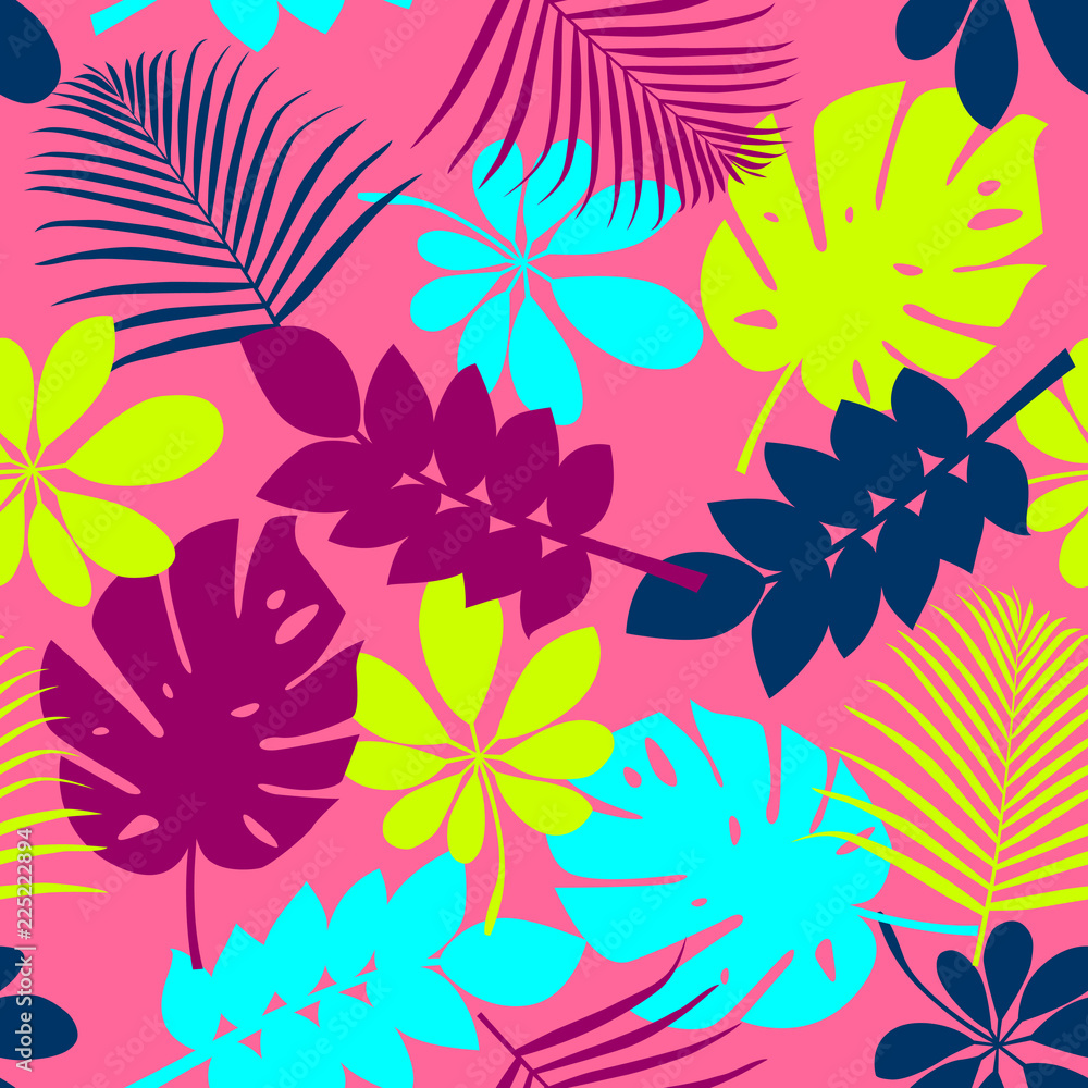 Abstract seamless pattern with tropical leaves in vibrant colors. Colorful background with palm, monstera and other assorted jungle leaf. 