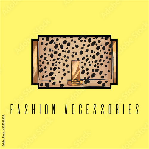 Fashion minimalist illustration. Beautiful design elements, perfect for prints. Hand drawn graphic leopard bag, lettering. Big vector fashion illustration accessories sketch. Isolated fashion elements