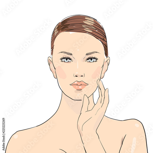Beauty care illustration. Beautiful girl, young woman touching her face after beauty mask on a white background. Skin care. Relaxation. Aroma therapy. Beauty treatment. Facial cleansing Mask