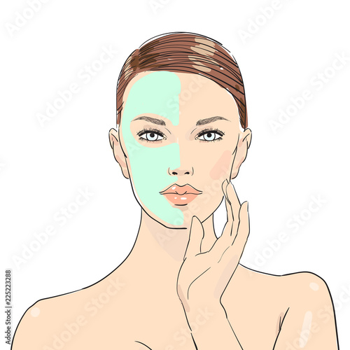 Beauty female face. Skin Care. Vector bright fashion illustration. Sexy young woman with blue eyes with cosmetic mask on her face smiling and relaxing touching her face