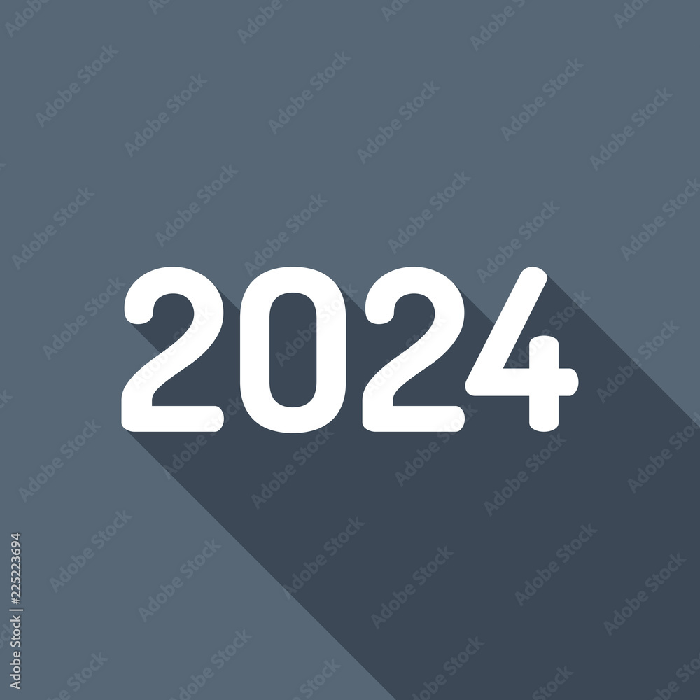 2024 number icon. Happy New Year. White flat icon with long shad
