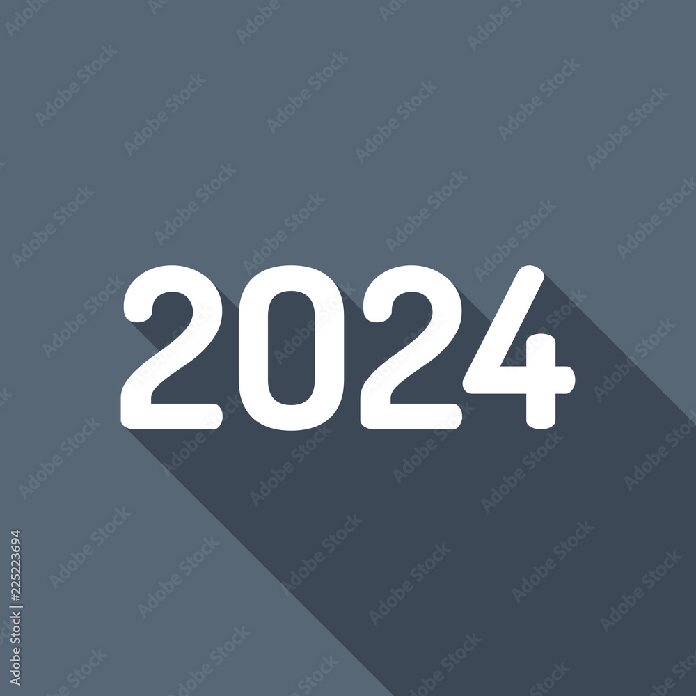 2024 number icon. Happy New Year. White flat icon with long shad 2024 number icon. Happy New Year. White flat icon with long shad