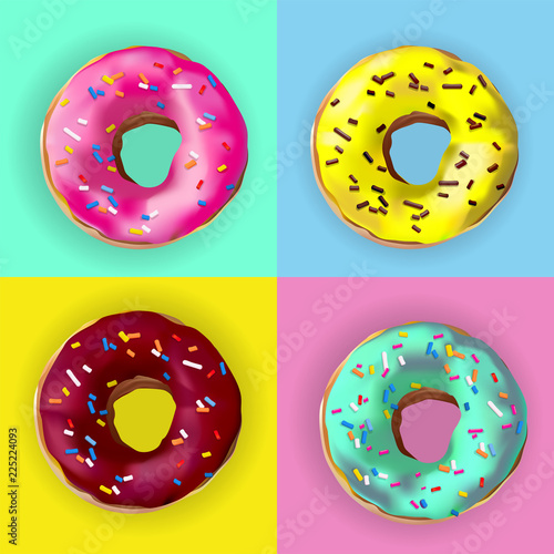 Canvas Print Realistic vector Donuts in different glazes on pop art style poster