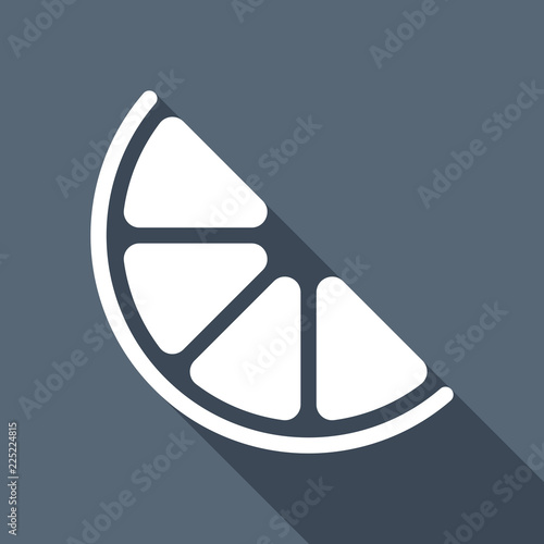 Half lemon or orange. Simple icon. White flat icon with long sha