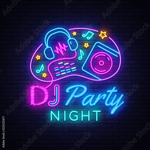DJ Music Party neon sign vector design template. DJ Concept of music  radio and live concert  neon poster  light banner design element colorful  night bright advertising  bright sign. Vector