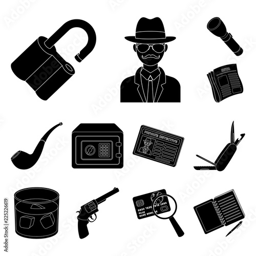 Detective and Attributes black icons in set collection for design.Detective Agency vector symbol stock web illustration.