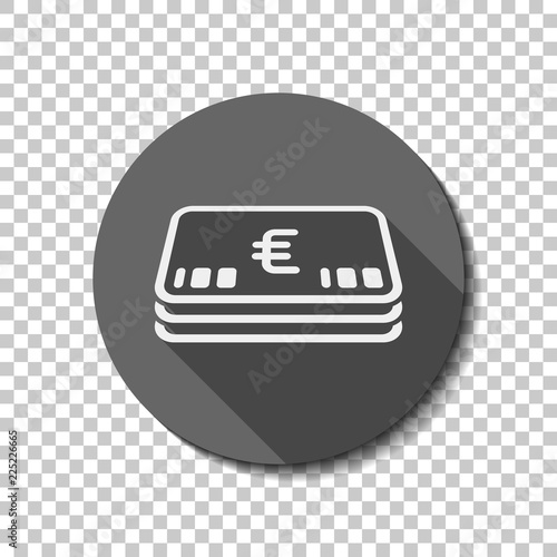 Pack of euro money or vouchers. Business icon. flat icon, long shadow, circle, transparent grid. Badge or sticker style