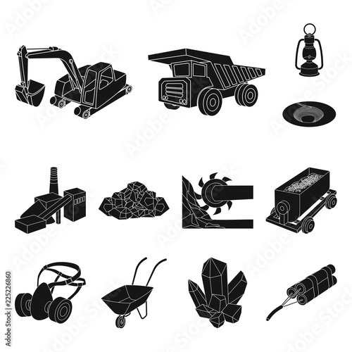 Mining industry black icons in set collection for design. Equipment and tools vector symbol stock web illustration.