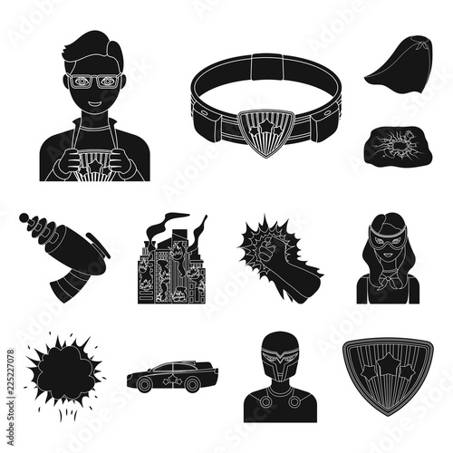 A fantastic superhero black icons in set collection for design. Superhero s equipment vector symbol stock web illustration.