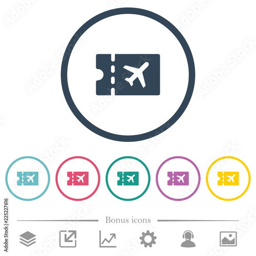 Air travel discount coupon flat color icons in round outlines