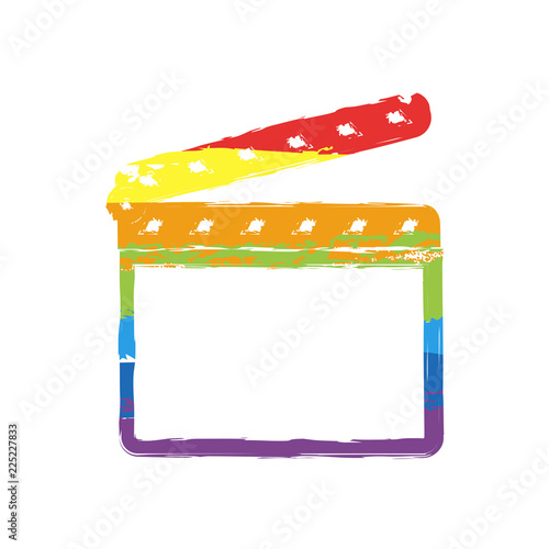 Film clap board cinema open icon. Drawing sign with LGBT style, seven colors of rainbow (red, orange, yellow, green, blue, indigo, violet