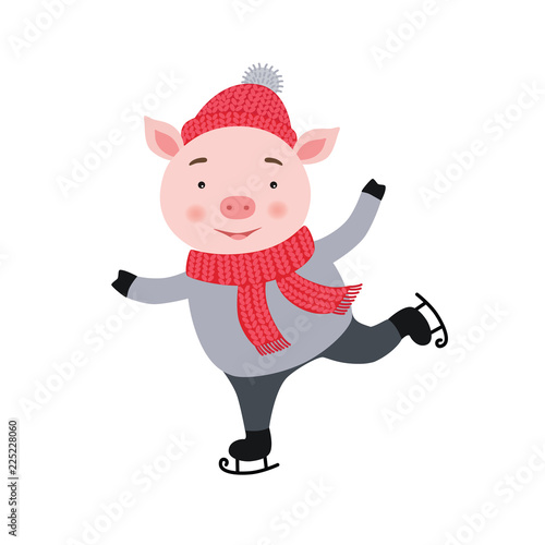 Cute Pig is skating. New year and Christmas card composition, handmade print. Vector illustration.