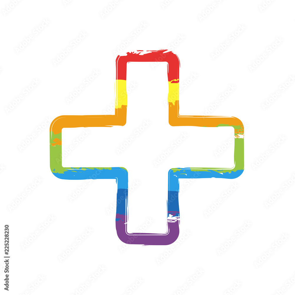 Medical cross icon. Drawing sign with LGBT style, seven colors of rainbow (red, orange, yellow, green, blue, indigo, violet Medical cross icon. Drawing sign with LGBT style, seven colors of rainbow (red, orange, yellow, green, blue, indigo, violet