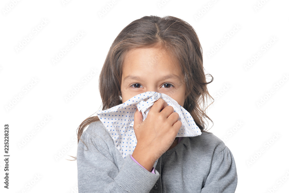 Portrait of sick little girl holding handkerchief Portrait of sick little girl holding handkerchief