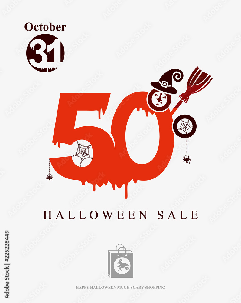 Halloween Sale 50 discounts. Vector banner of holiday sale cheerful witch. Red blood drawn figures 50%. Sign of interest in the form of a head in a witch's hood and witch's broomstick.

