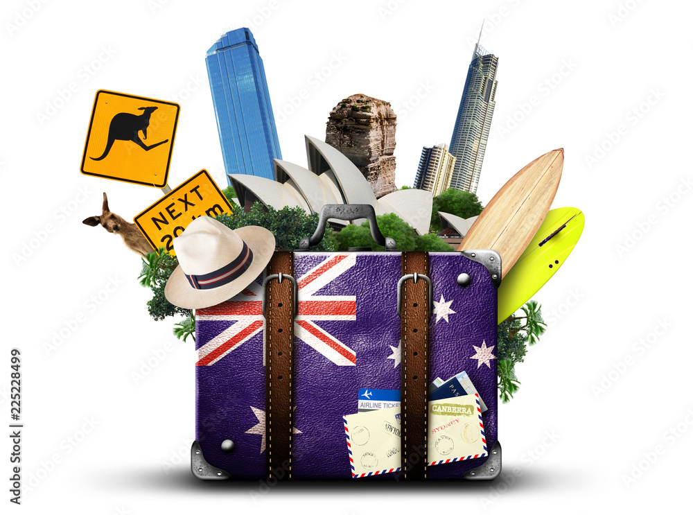 Australia, retro suitcase with hat and attractions Australia - obrazy, fototapety, plakaty 