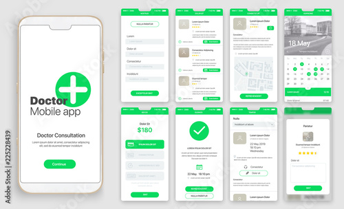Design of mobile app, UI, UX, GUI. Set of user registration screens, account sign in, sign up, home page, news search, concept chat Messenger and settings