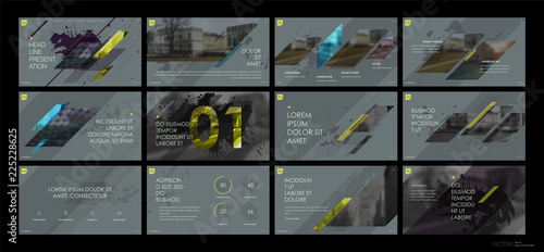 Presentation template. Geometric elements for slide presentations on a gray background. Use also as a flyer, brochure, corporate report, marketing, advertising, annual report, banner. Vector