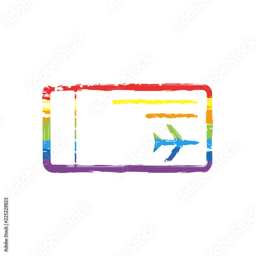airplane ticket icon. Drawing sign with LGBT style, seven colors of rainbow (red, orange, yellow, green, blue, indigo, violet