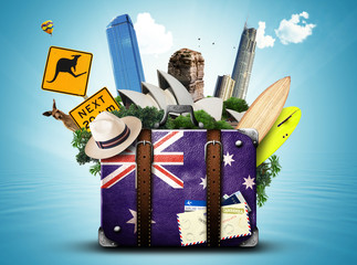 Fotobehang Australië Retro koffer met Australische bezienswaardigheden  © Zarya Maxim