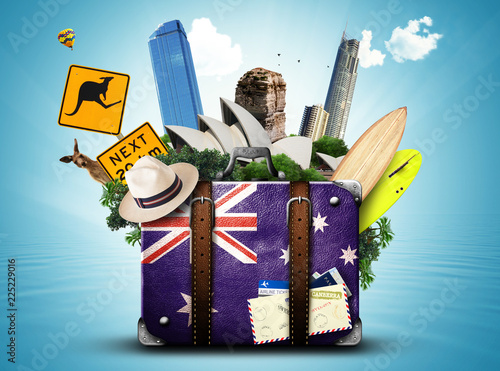 Australia, retro suitcase with hat and attractions Australia