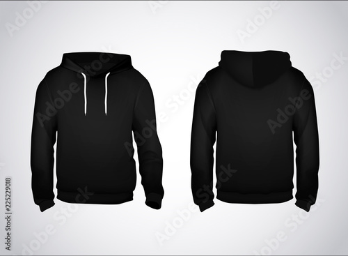 Black men's sweatshirt template with sample text front and back view. Hoodie for branding or advertising.