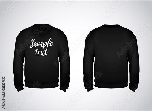 Black men's sweatshirt template with sample text front and back view. Hoodie for branding or advertising.