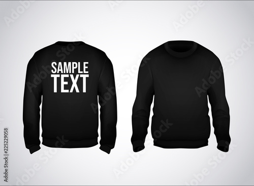 Black men's sweatshirt template with sample text front and back view. Hoodie for branding or advertising.