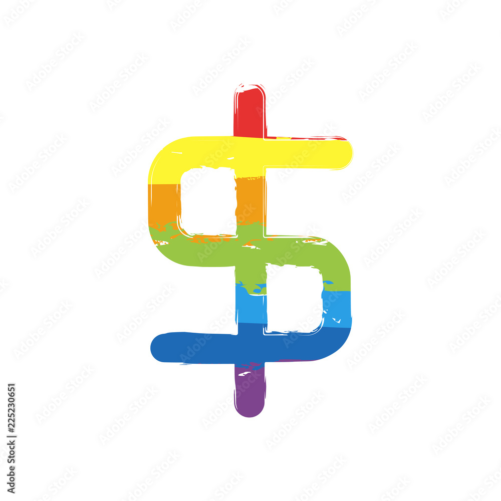 simple dollar symbol. Drawing sign with LGBT style, seven colors of rainbow (red, orange, yellow, green, blue, indigo, violet simple dollar symbol. Drawing sign with LGBT style, seven colors of rainbow (red, orange, yellow, green, blue, indigo, violet