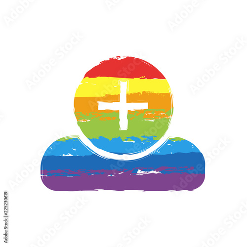 doctor, person with medical cross. Drawing sign with LGBT style, seven colors of rainbow (red, orange, yellow, green, blue, indigo, violet