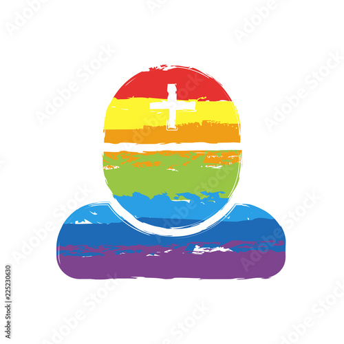 doctor, person with medical cross. Drawing sign with LGBT style, seven colors of rainbow (red, orange, yellow, green, blue, indigo, violet