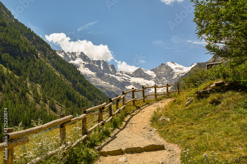 Sentiero di montagna in estate con cielo blu e cime innevate sullo sfondo in Valle d'Aosta, Alpi Italiane