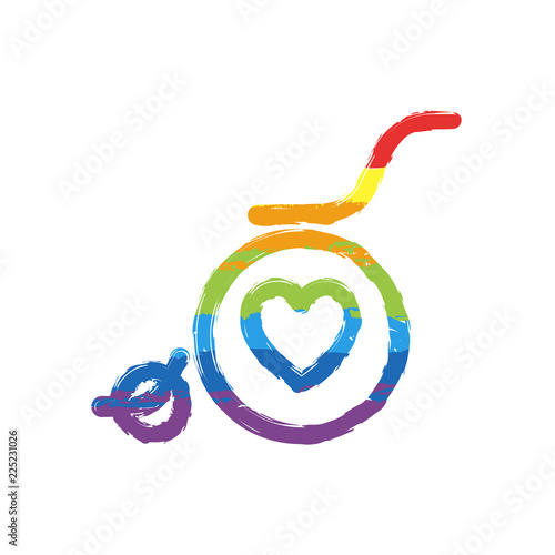 wheelchair and heart, outline icon. Drawing sign with LGBT style, seven colors of rainbow (red, orange, yellow, green, blue, indigo, violet