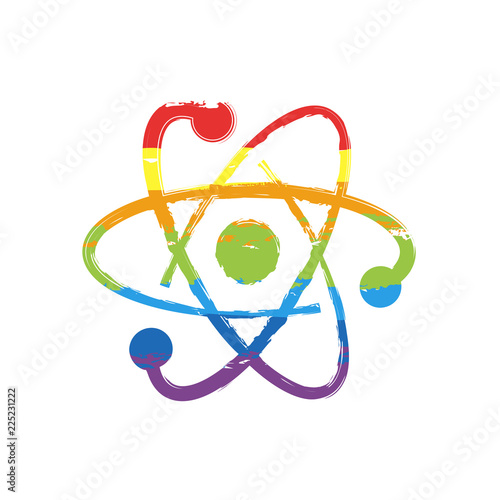 scientific atom symbol, logo, simple icon. Drawing sign with LGBT style, seven colors of rainbow (red, orange, yellow, green, blue, indigo, violet