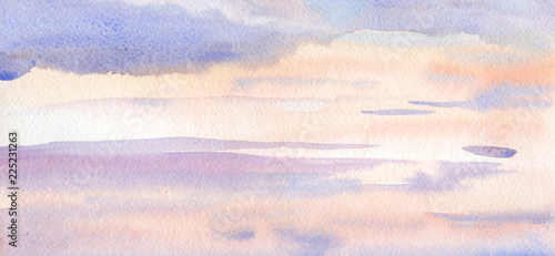 Landscape. Watercolor, gouache. Drawing by hand. Russian village. Early morning. Sky clouds. Dawn. Delicate background for invitation cards.