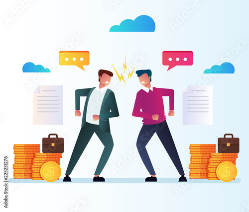 Two businessman office workers character have disagreement business contract document. Employee managers investment conflict concept. Vector flat cartoon isolated illustration