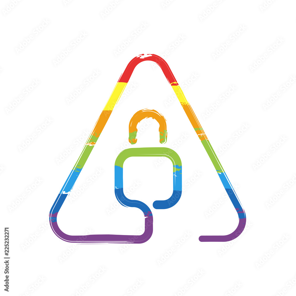 Lock in warning triangle. Linear icon with thin outline. One line style. Drawing sign with LGBT style, seven colors of rainbow (red, orange, yellow, green, blue, indigo, violet Lock in warning triangle. Linear icon with thin outline. One line style. Drawing sign with LGBT style, seven colors of rainbow (red, orange, yellow, green, blue, indigo, violet