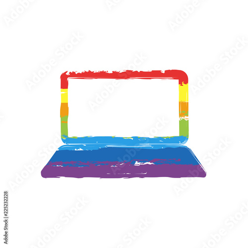 Laptop or notebook computer icon. Drawing sign with LGBT style, seven colors of rainbow (red, orange, yellow, green, blue, indigo, violet