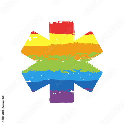 star of life. Drawing sign with LGBT style, seven colors of rainbow (red, orange, yellow, green, blue, indigo, violet