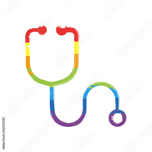 Simple stethoscope icon. Linear, thin outline. Drawing sign with LGBT style, seven colors of rainbow (red, orange, yellow, green, blue, indigo, violet