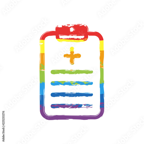 tablet, medical document. Drawing sign with LGBT style, seven colors of rainbow (red, orange, yellow, green, blue, indigo, violet