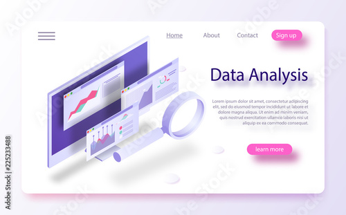 Data analytics concept banner. The report on the computer, program of statistics and analytics