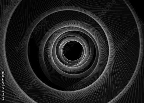 Vector striped spiral abstract tunnel dark background. Spiral funnel. Gray twisted ray black hole. Exciting gently spiraling optical illusion background. Abstract elegant modern swirl cover concept.