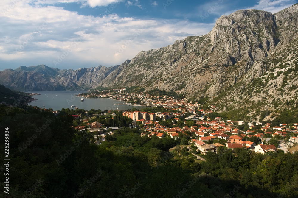 Overlooking city of Kotor and Bay of Kotor (Boka Kotorska) with the mighty massive mountains at the back