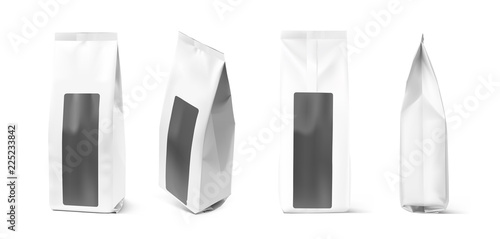 Set of mock up bags with labels on white background. Vector illustration. Can be use for your design, presentation, promo, ad. EPS 10.