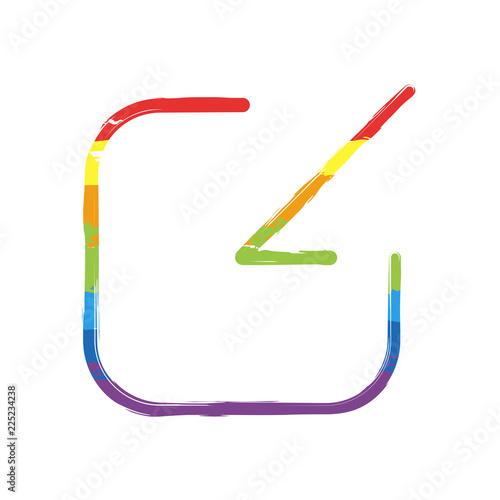 Share, login or download. Diagonal arrow into square. Drawing sign with LGBT style, seven colors of rainbow (red, orange, yellow, green, blue, indigo, violet