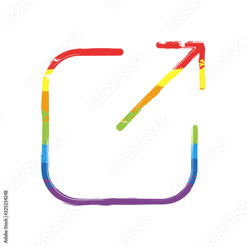 Share, logout or upload. Diagonal arrow out square. Drawing sign with LGBT style, seven colors of rainbow (red, orange, yellow, green, blue, indigo, violet